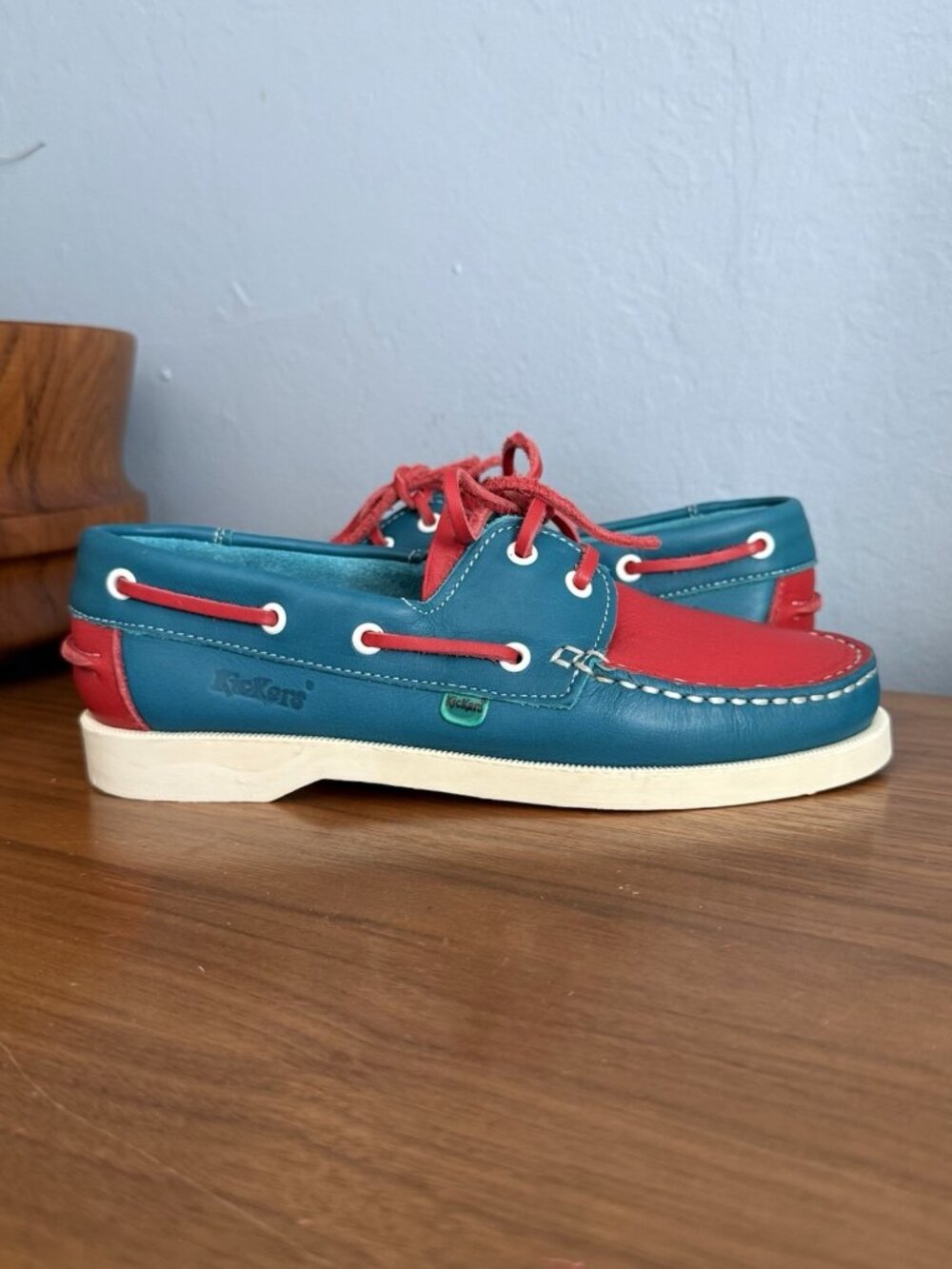 Vintage Kickers Leather Boat Shoes New Never Worn Blue Red